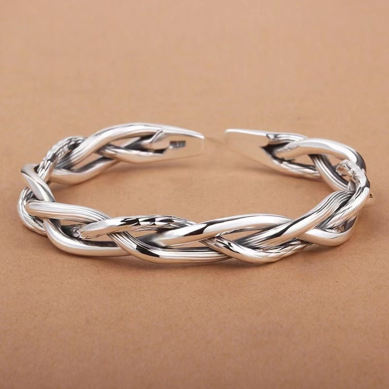 Retro 925 Sterling Silver Braided Open Cuff Bangle for Men and Women