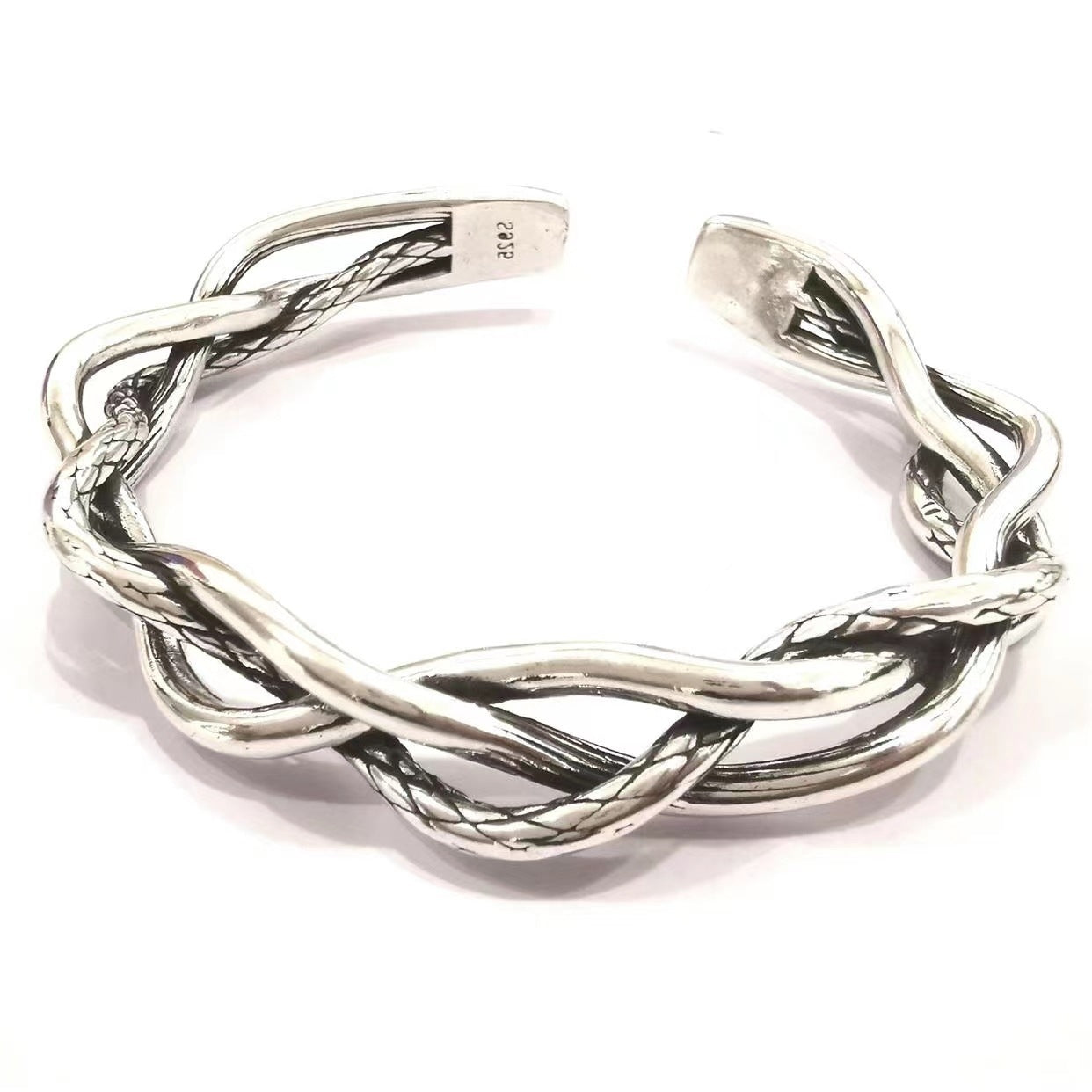 Retro 925 Sterling Silver Braided Open Cuff Bangle for Men and Women