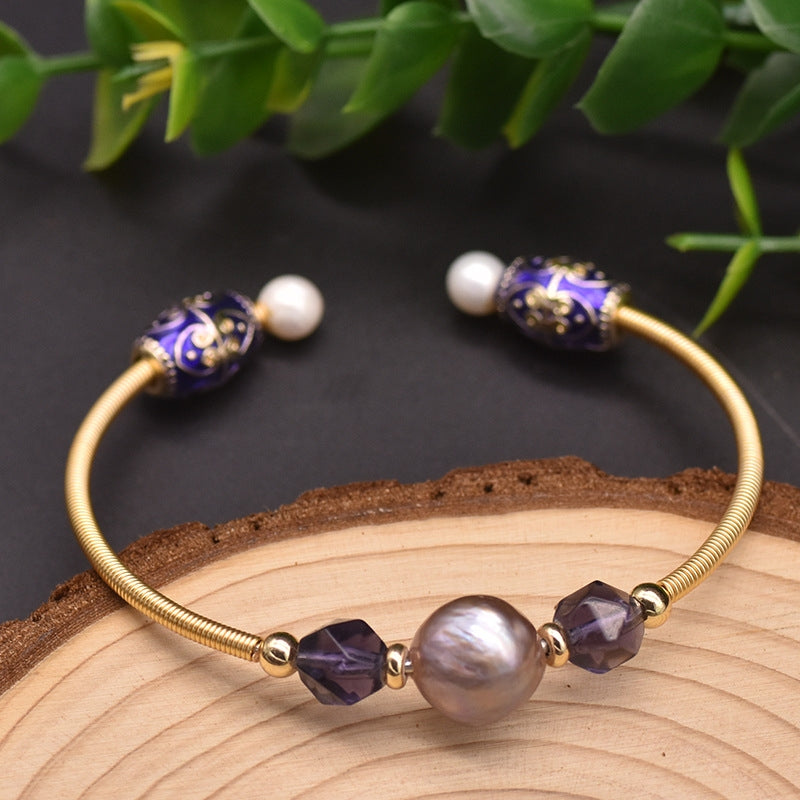 Retro Enamel Baroque Pearl Crystal Stretch Bracelet