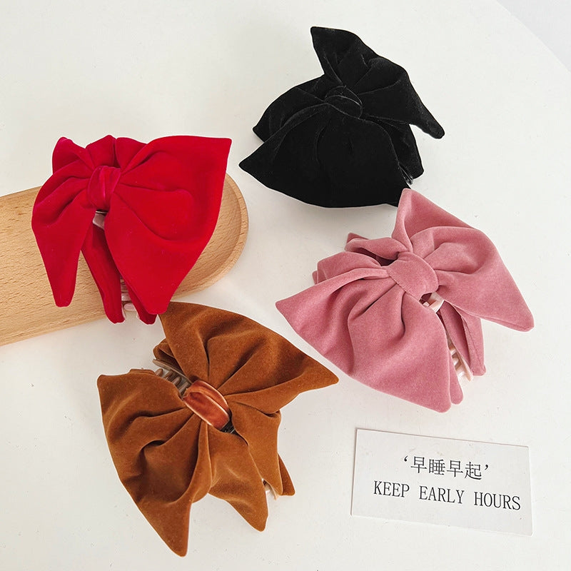 Retro Velvet Pearl Bowknot Hair Claw Clip for Women