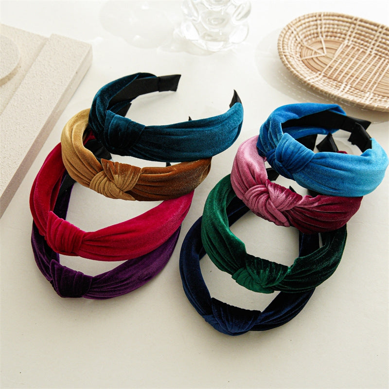 Retro Solid Color Velvet Knot Headband for Women