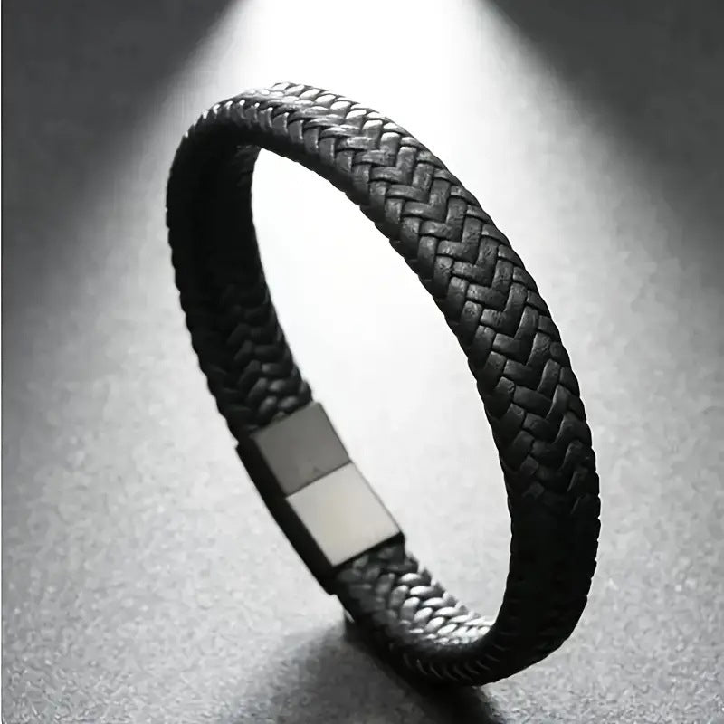 Retro Solid Color Leather Magnetic Clasp Braided Bracelet for Men