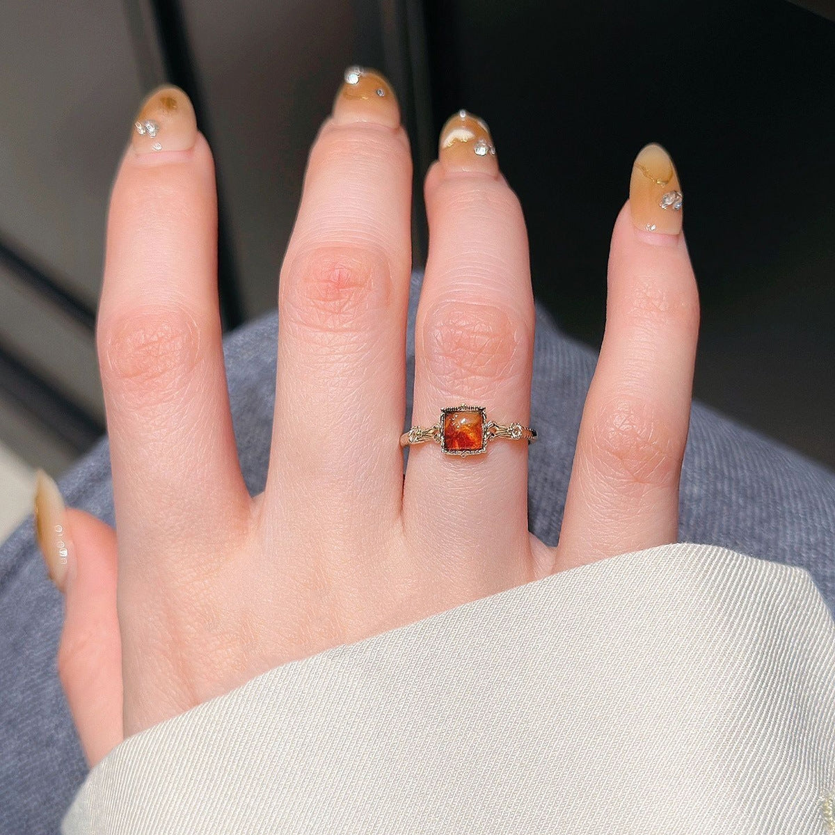 Retro Square 925 Sterling Silver Amber Ring with Gold Plating