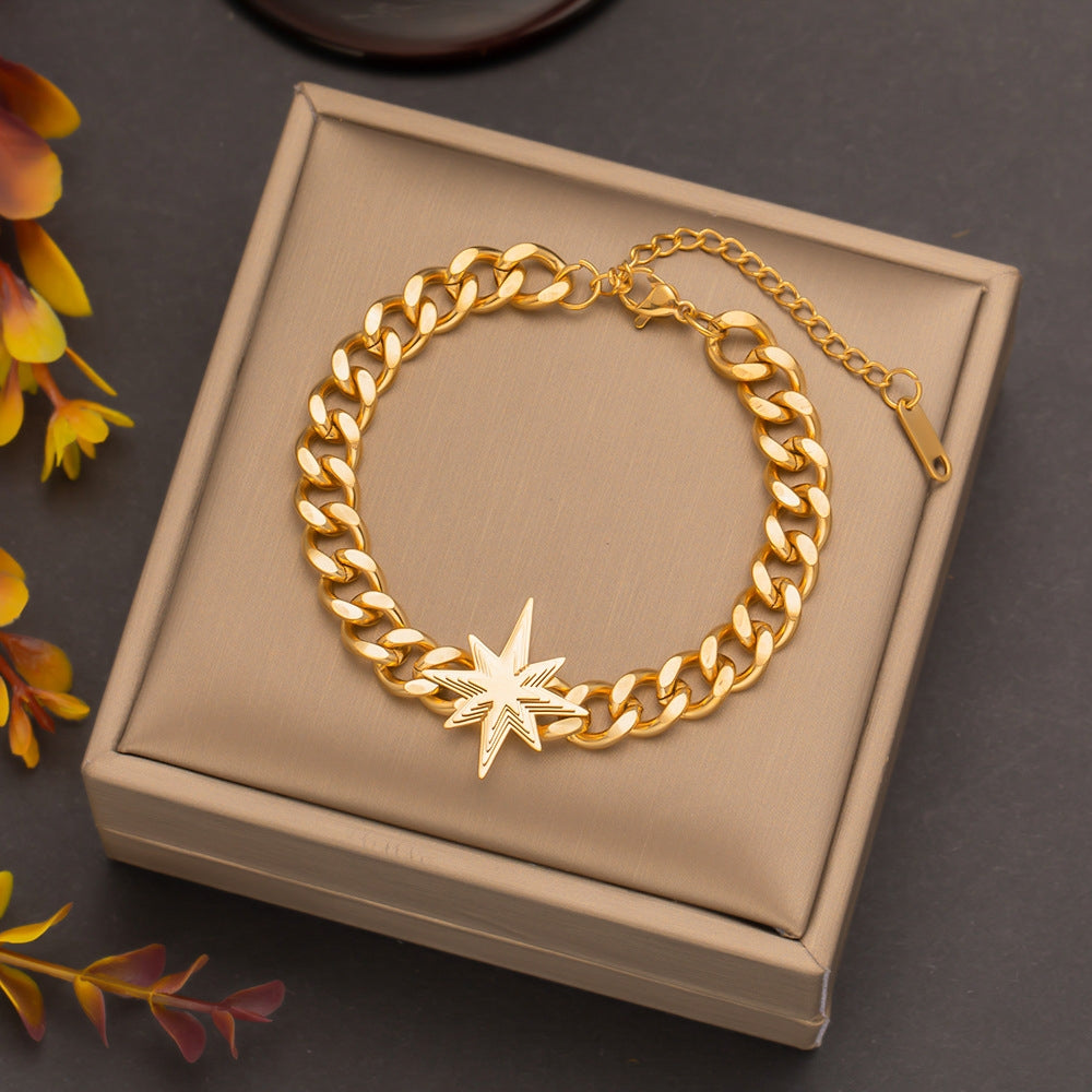 Retro Star 18K Gold Plated Stainless Steel Butterfly Flower Cuban Bracelet