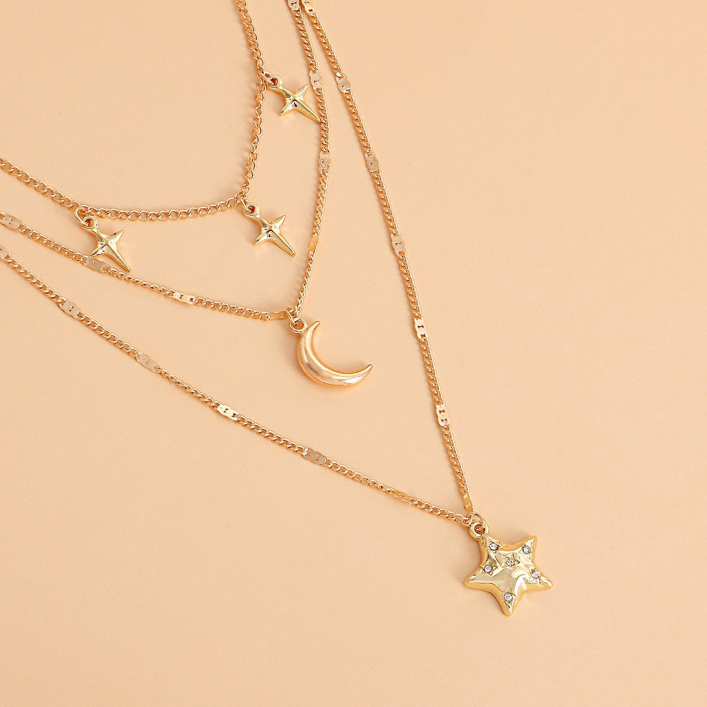 Retro Star Moon Rhinestone Layered Pendant Necklace