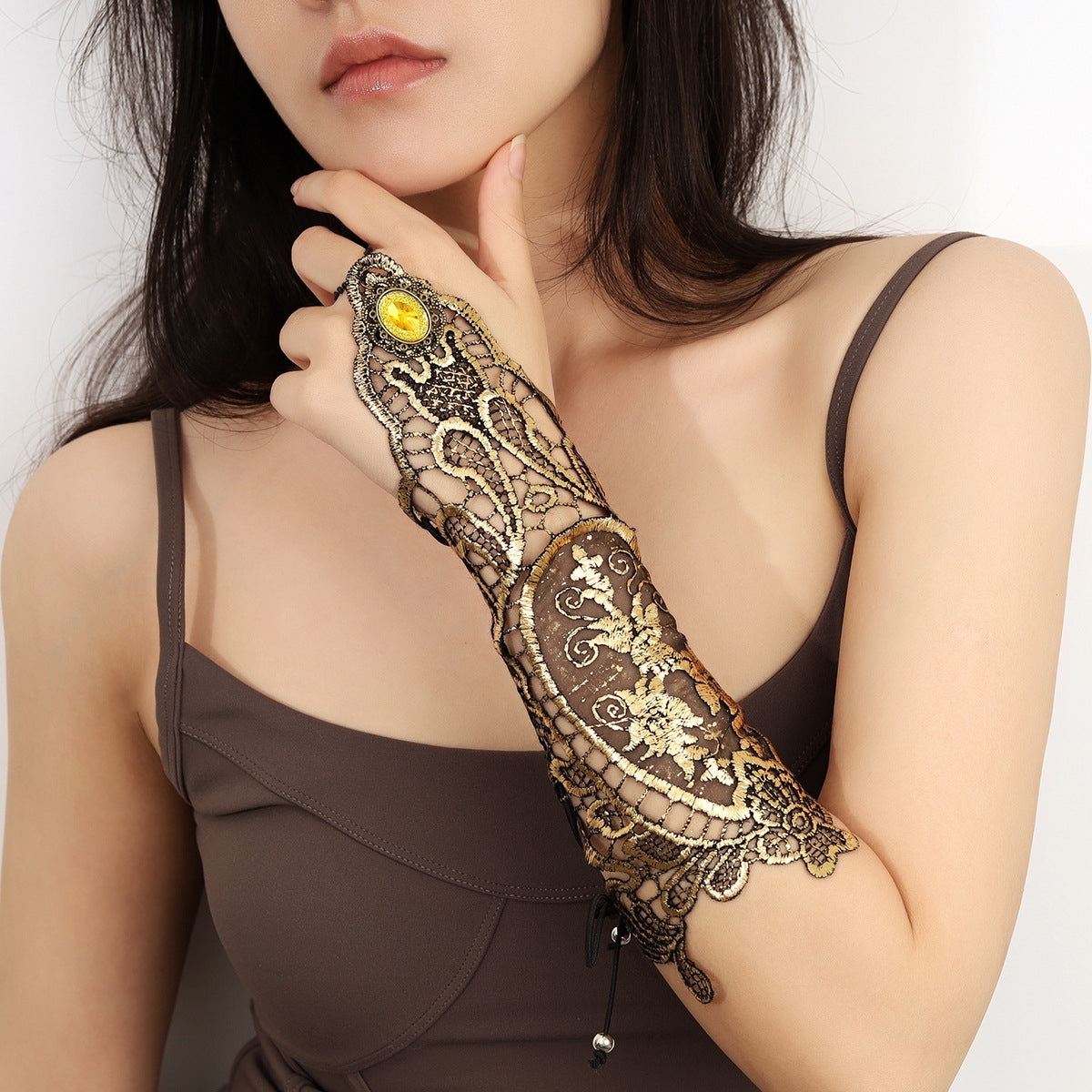 Retro Geometric Alloy Arm Bracelet with Lace Tattoo Sleeve Cover