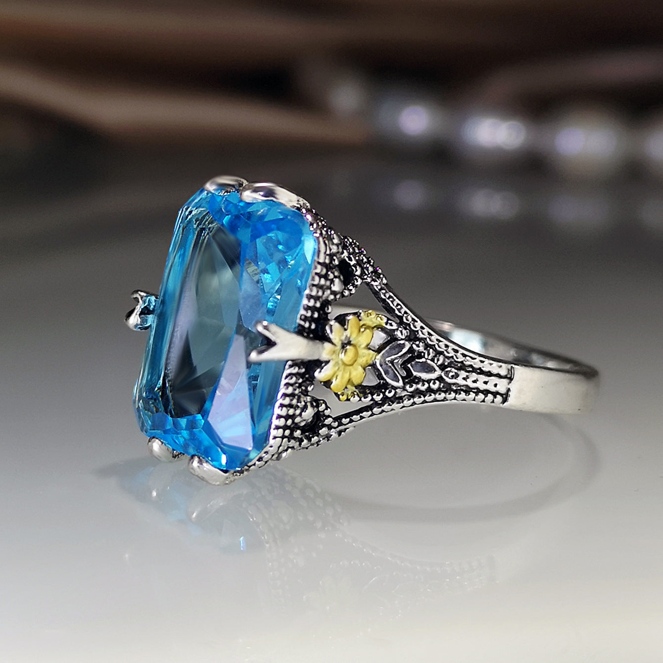 Retro Two-tone Floral Sapphire and Blue Topaz 925 Sterling Silver Ring