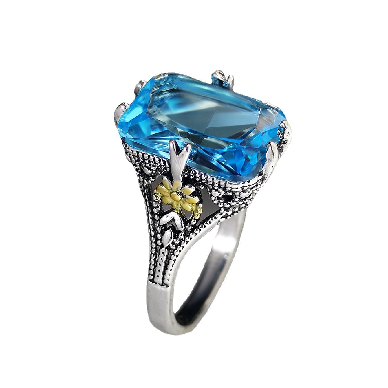 Retro Two-tone Floral Sapphire and Blue Topaz 925 Sterling Silver Ring