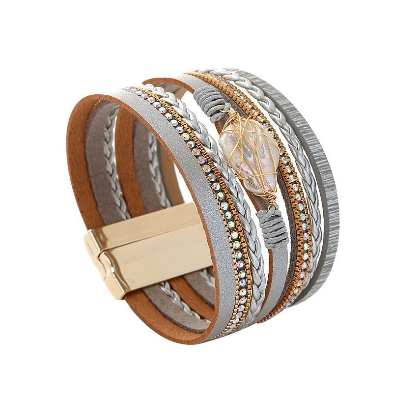 Retro Geometric Leather Bracelet with Freshwater Pearl and Diamond-Encrusted Alloy Magnet Clasp