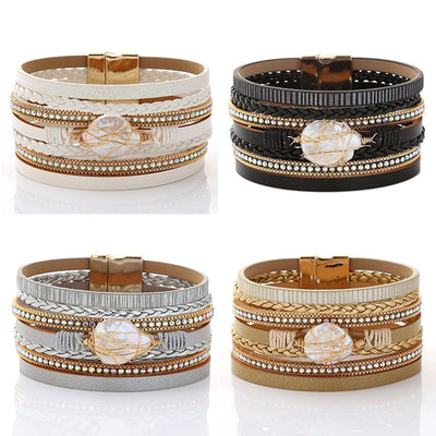 Retro Geometric Leather Bracelet with Freshwater Pearl and Diamond-Encrusted Alloy Magnet Clasp