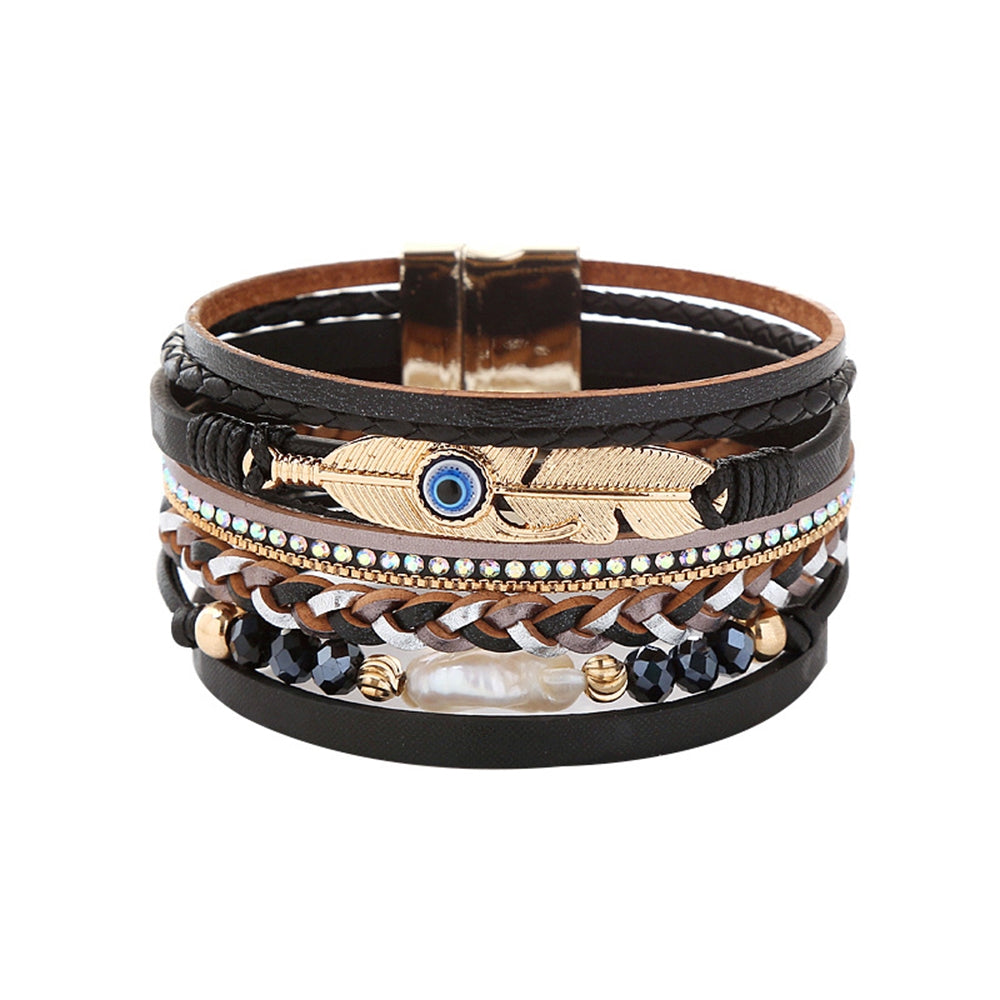 Retro Leaf Feather PU Leather & Natural Stone Evil Eye Bracelet with Stainless Steel Magnetic Clasp for Women and Men