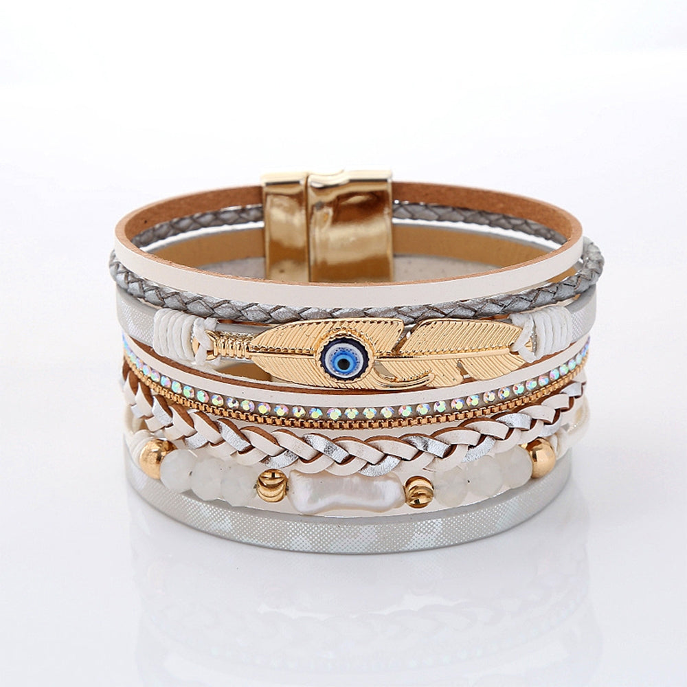 Retro Leaf Feather PU Leather & Natural Stone Evil Eye Bracelet with Stainless Steel Magnetic Clasp for Women and Men