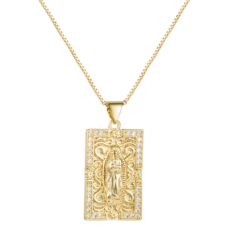 Retro Virgin Mary Square Copper Zircon Pendant Necklace