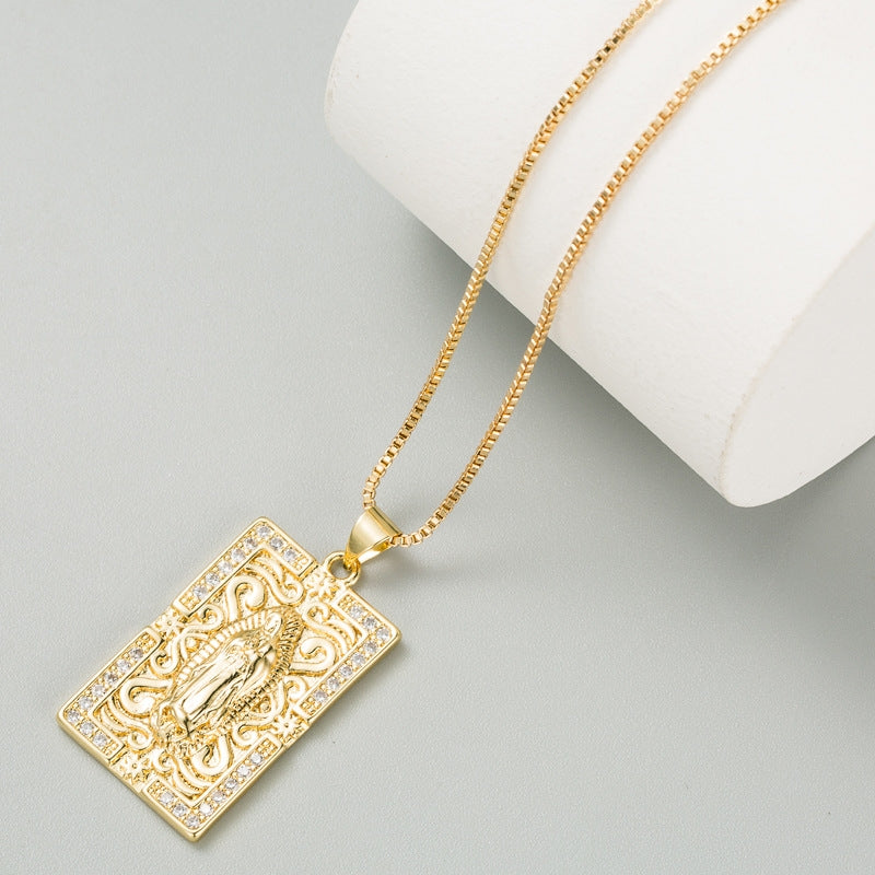 Retro Virgin Mary Square Copper Zircon Pendant Necklace