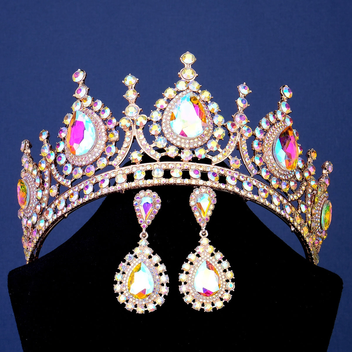 Retro Rhinestone Crown Earrings and Bridal Tiara Set