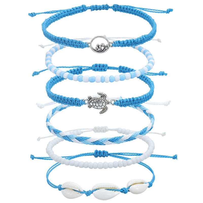 Retro Waves Wax Line Braid Bracelet and Anklet Set - Turtle and Shell Beach Jewelry