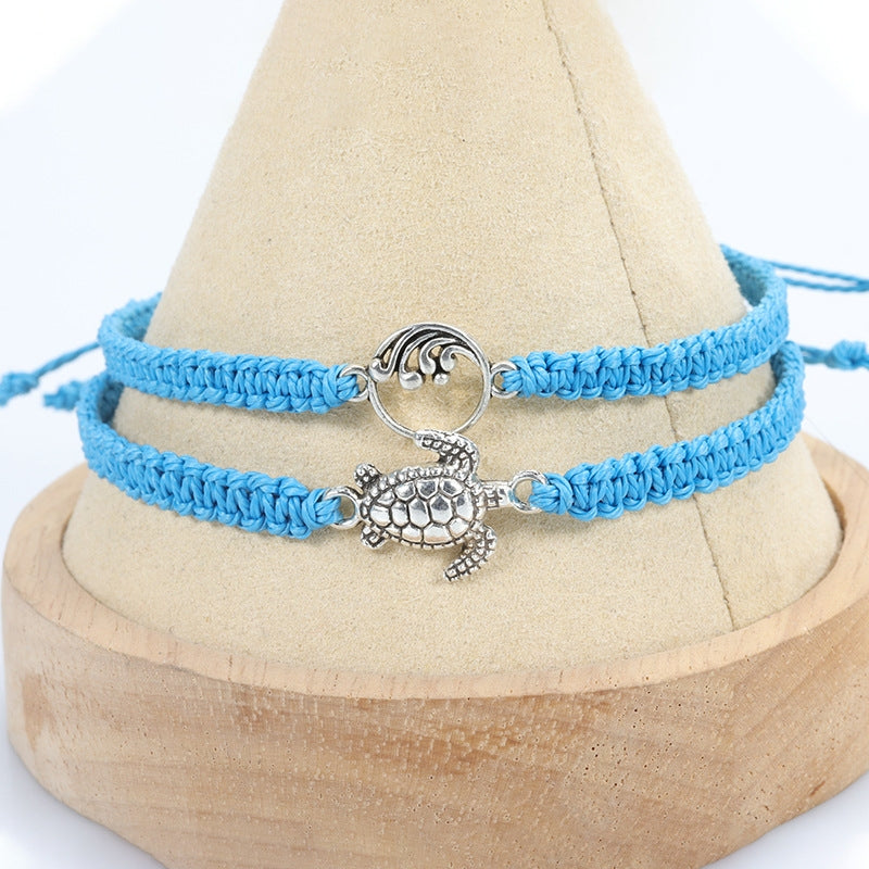 Retro Waves Wax Line Braid Bracelet and Anklet Set - Turtle and Shell Beach Jewelry