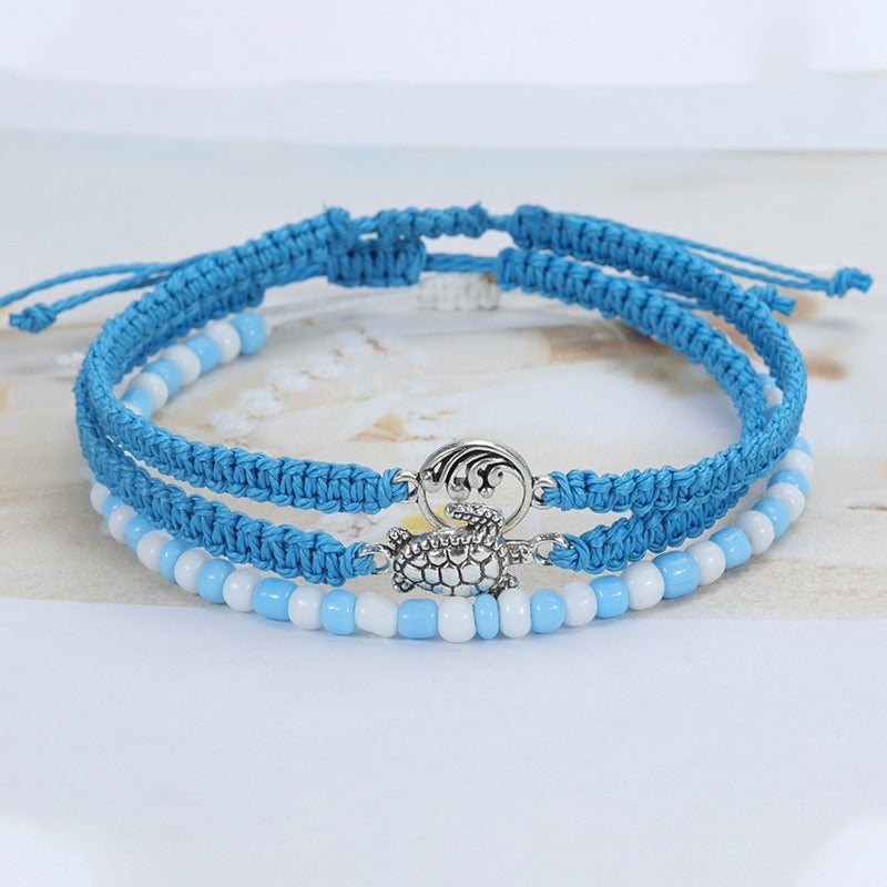 Retro Waves Wax Line Braid Bracelet and Anklet Set - Turtle and Shell Beach Jewelry