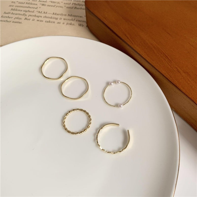 Simple Pearl Wavy Design Five-Piece Ring Set for Women