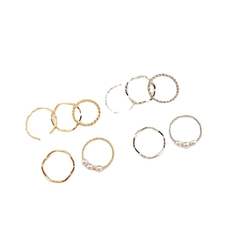 Simple Pearl Wavy Design Five-Piece Ring Set for Women