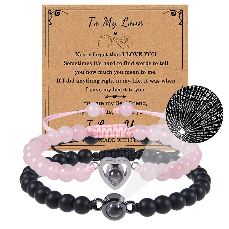 Romantic Heart Shape Natural Stone Projection Bracelets with 100 Languages Card Gift Set