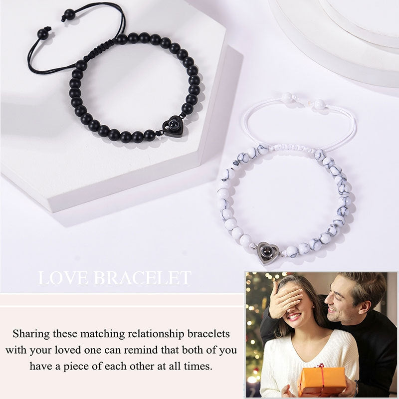 Romantic Heart Shape Natural Stone Projection Bracelets with 100 Languages Card Gift Set