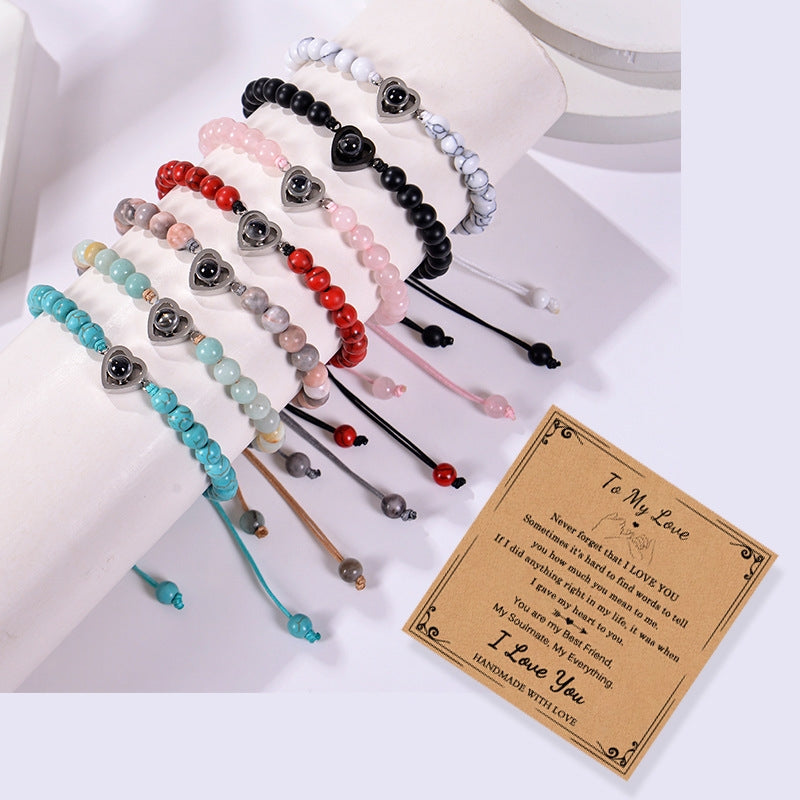 Romantic Heart Shape Natural Stone Projection Bracelets with 100 Languages Card Gift Set