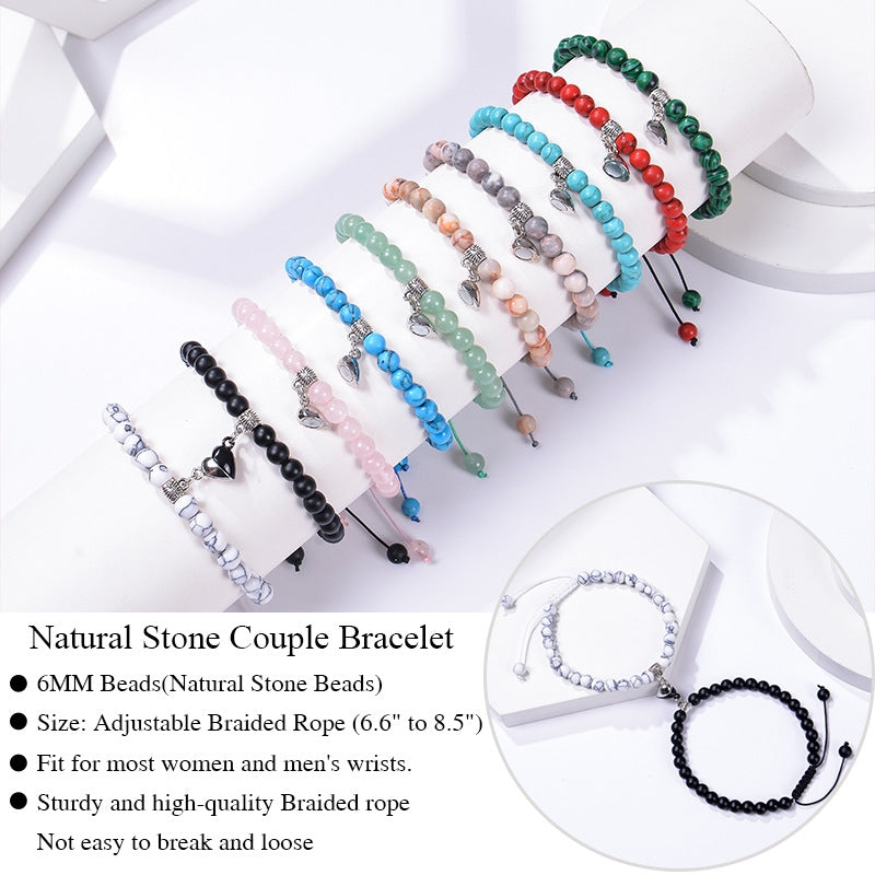 Romantic Heart Shape Natural Stone Couple Bracelets with Magnetic Clasp