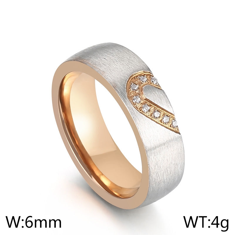 Romantic Heart Shaped Titanium Steel Inlay Rhinestone Couple Rings