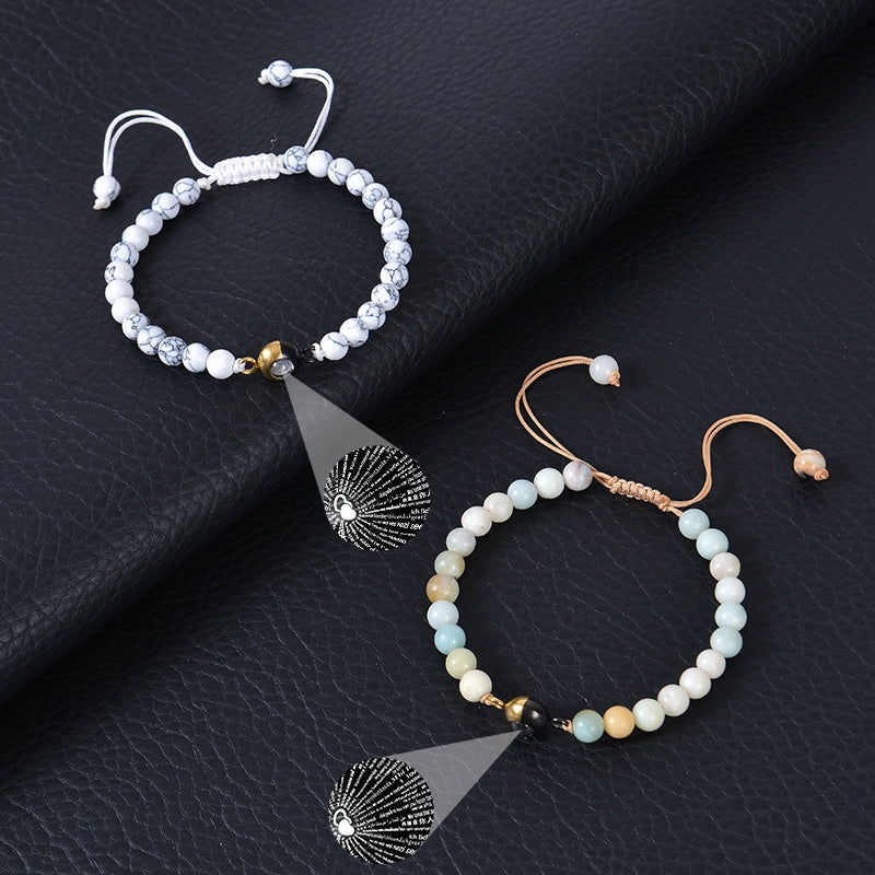 Romantic Modern Natural Stone Beaded Couple Bracelets with 100 Languages "I Love You" Projection