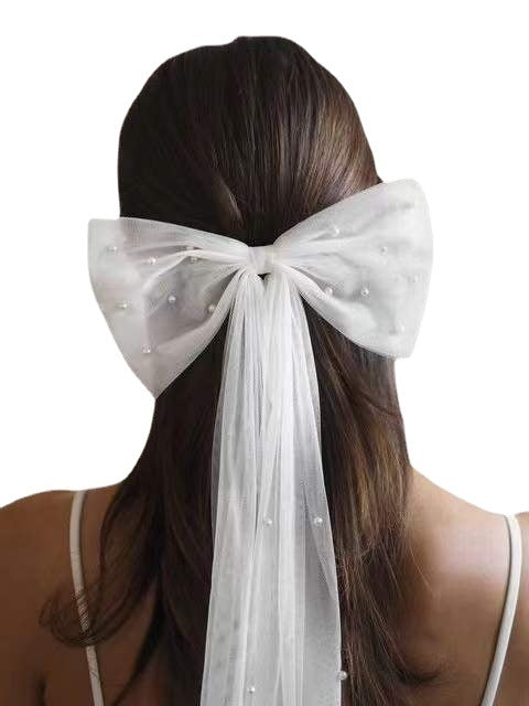 Romantic Pearl Bow Knot Gauze Hair Clip for Weddings