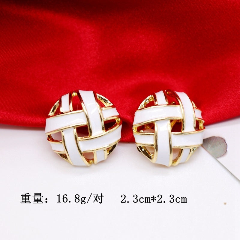 Vintage Round Hollow Glaze Drop Silver Ear Clip Stud Earrings