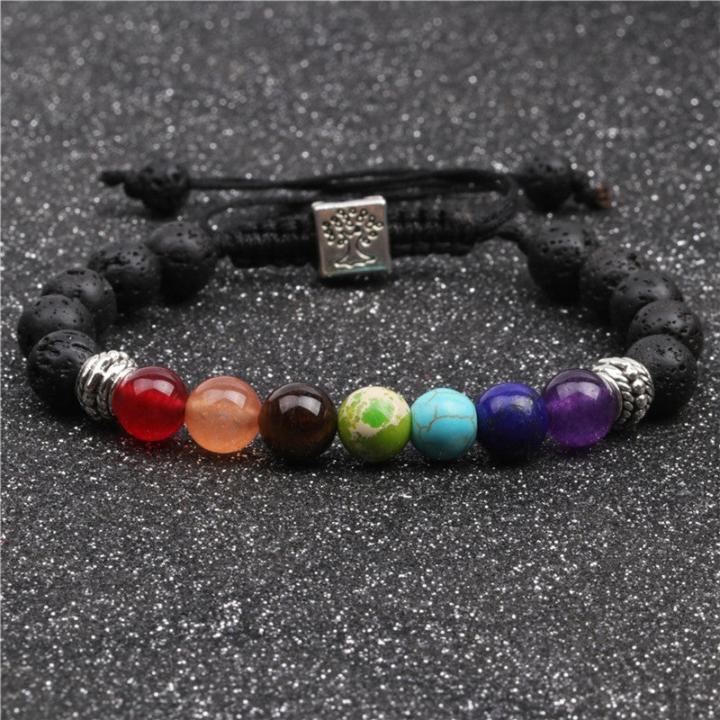 Seven Chakra Lava Stone Tree of Life Woven Bracelet