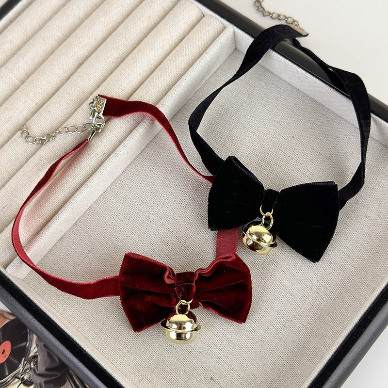 Elegant Velvet Bow Knot Choker Necklace with Bell Charm