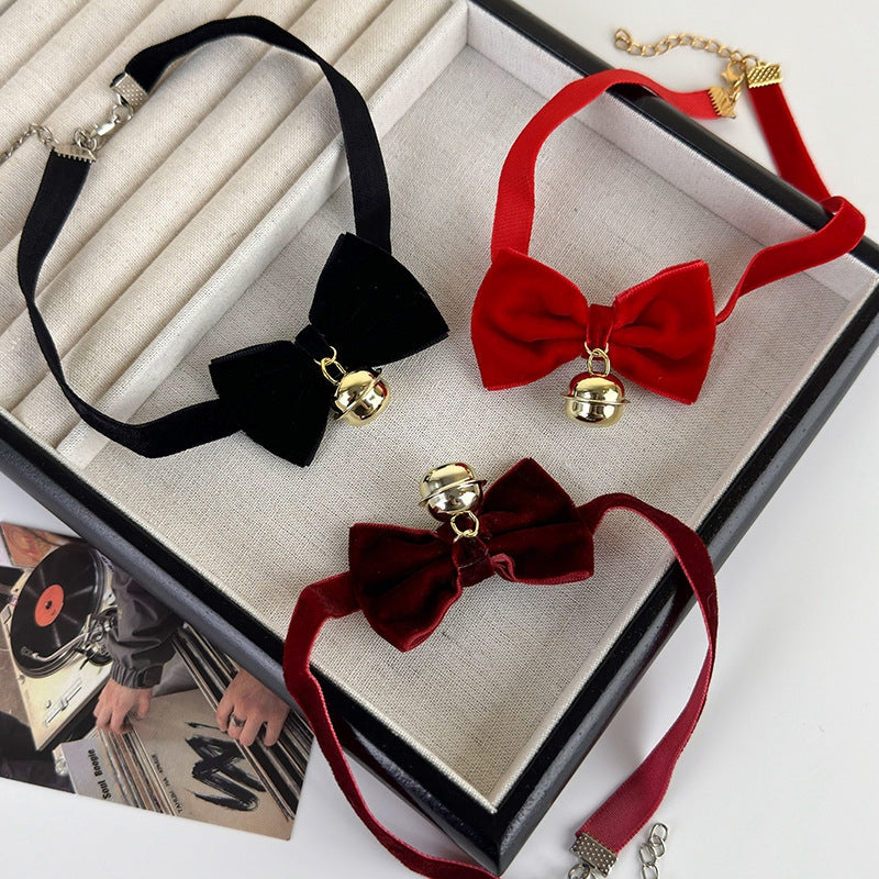 Elegant Velvet Bow Knot Choker Necklace with Bell Charm