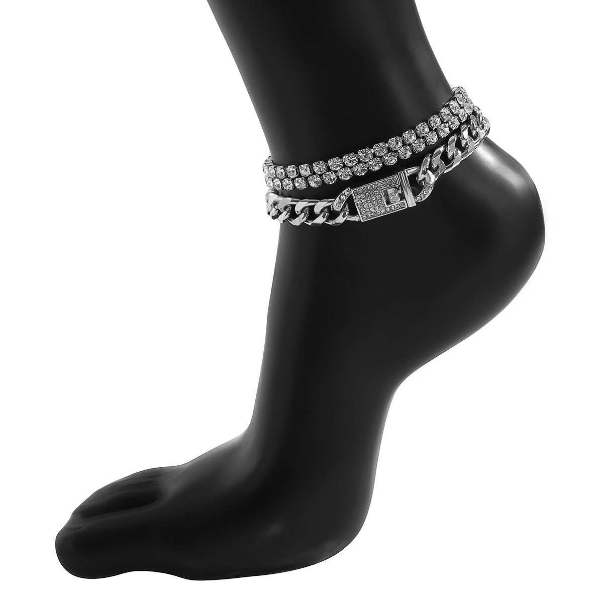 Sexy Geometric Rhinestone Inlay Women's Anklet Set with Cuban Chain Design