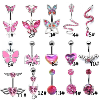 Butterfly Heart Zircon Inlay Stainless Steel Belly Ring Set