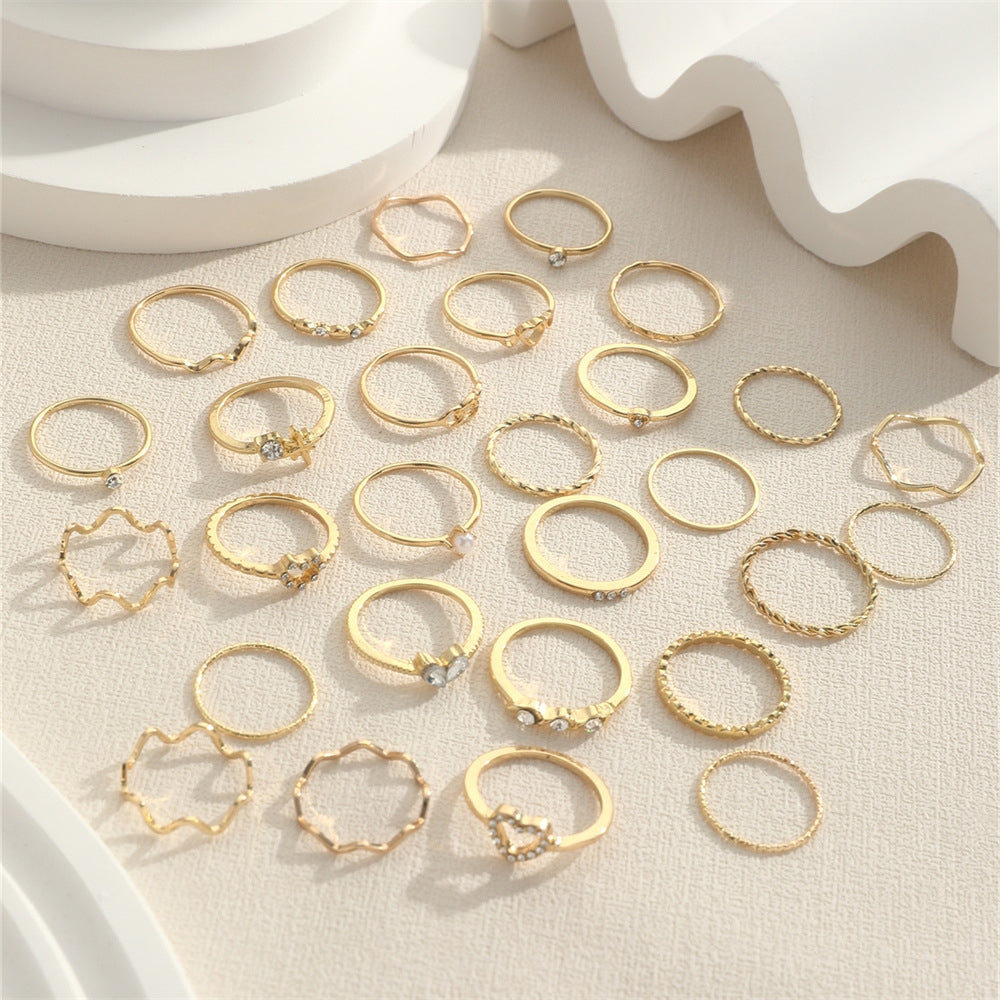 Elegant Heart Shape Rhinestone Gold Geometric Knuckle Ring Set - 28 Pieces