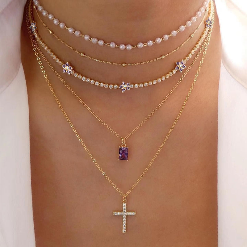 Shiny Zircon Cross Pendant Layered Necklace for Women