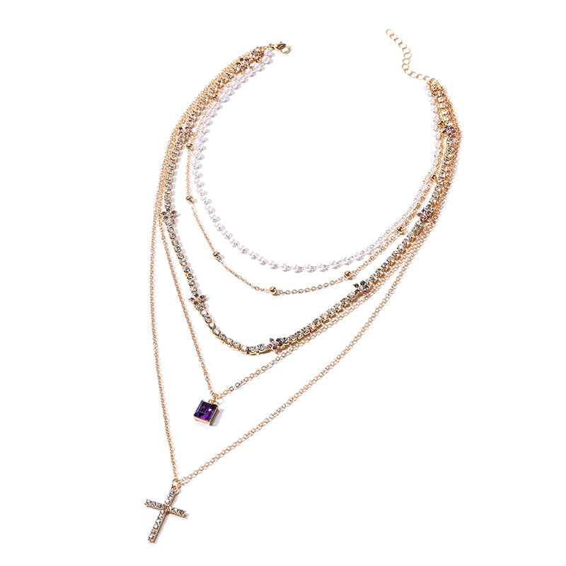 Shiny Zircon Cross Pendant Layered Necklace for Women