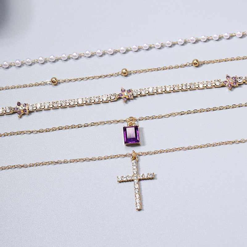 Shiny Zircon Cross Pendant Layered Necklace for Women