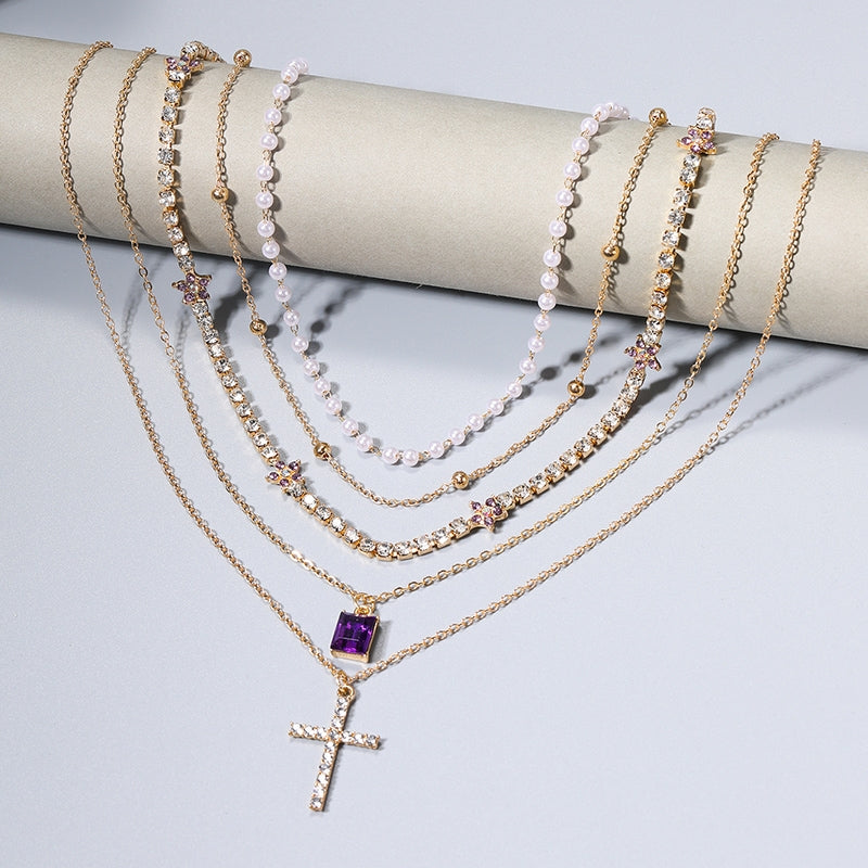 Shiny Cross Alloy Inlay Zircon Women's Layered Necklaces