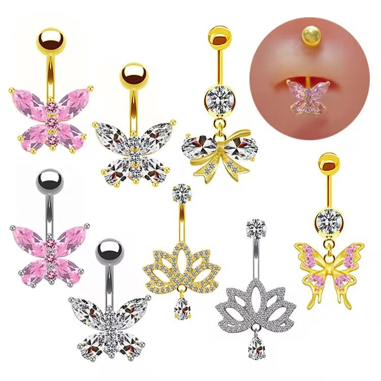 Shiny Butterfly Crystal Rhinestone Zircon Belly Ring with Bow Knot Pendant