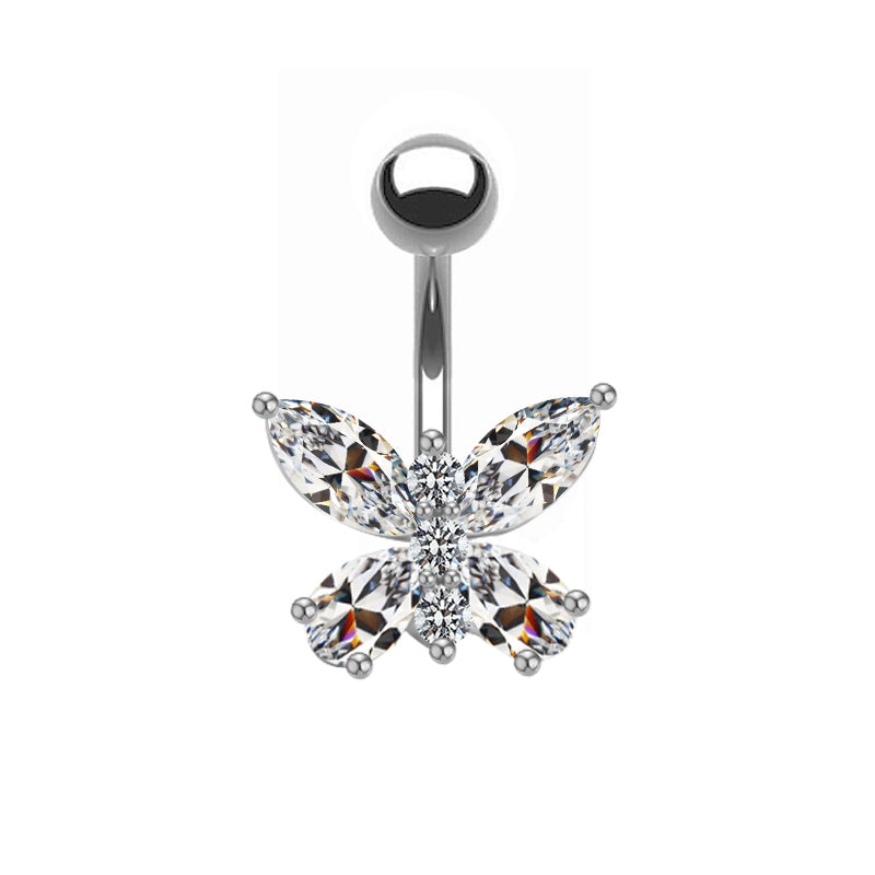 Shiny Butterfly Crystal Rhinestone Zircon Belly Ring with Bow Knot Pendant