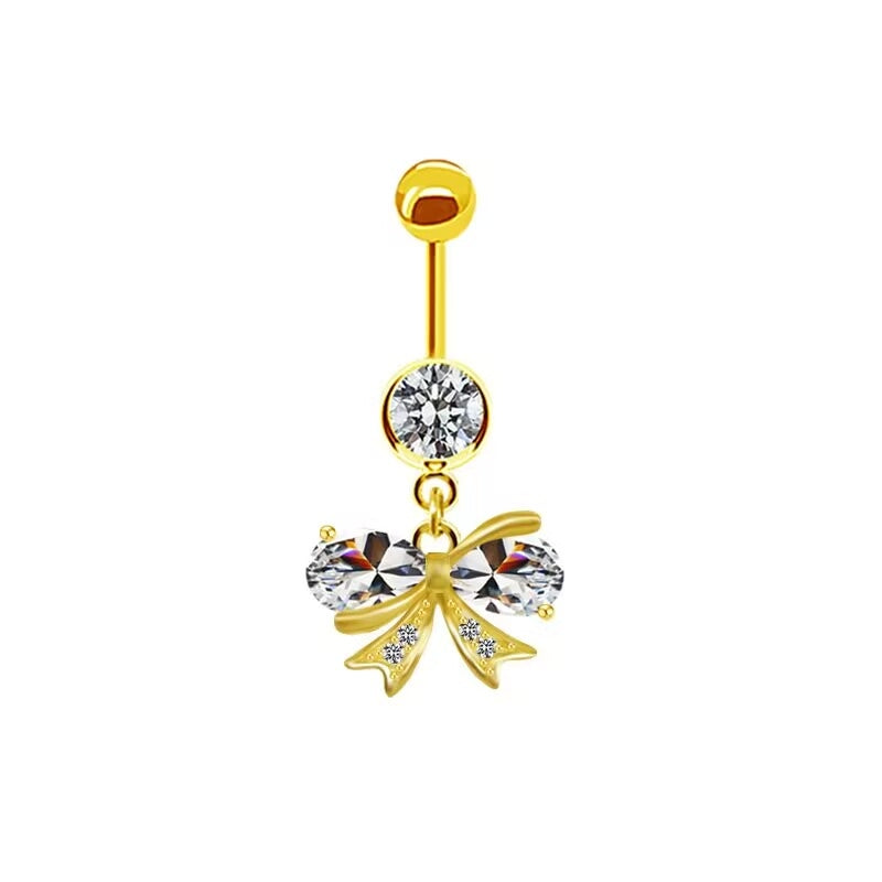 Shiny Butterfly Crystal Rhinestone Zircon Belly Ring with Bow Knot Pendant