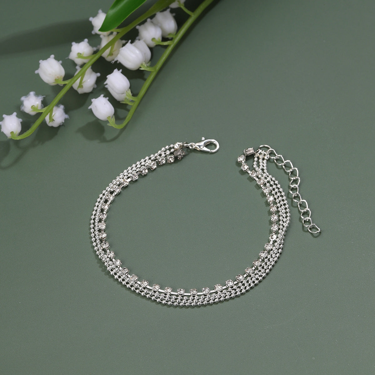 Shiny Multi-Layer Rhinestone Metal Beaded Anklet