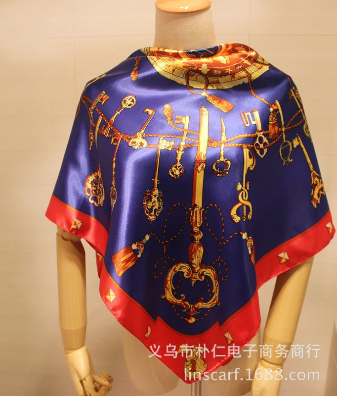 Silk Scarf with Key Pattern and Metal Chain Tassel Design - 60cm Square Satin Scarf for Women