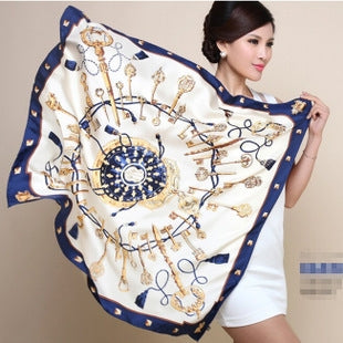 Silk Scarf with Key Pattern and Metal Chain Tassel Design - 60cm Square Satin Scarf for Women