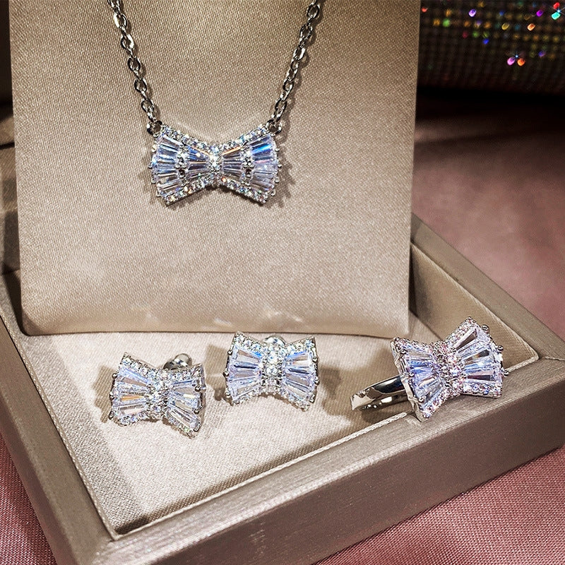 Simple Bow Zircon Jewelry Set - Platinum Plated Women's Accessories