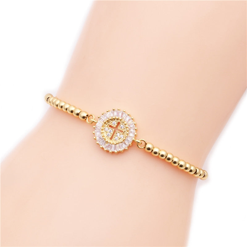 Adjustable Copper White Zircon Cross Bracelet for Couples